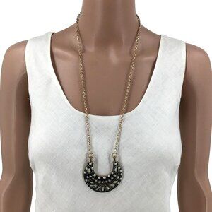 Bib Necklace Boho Style 28 Inch Length Gold Tone Chain Black White Plate